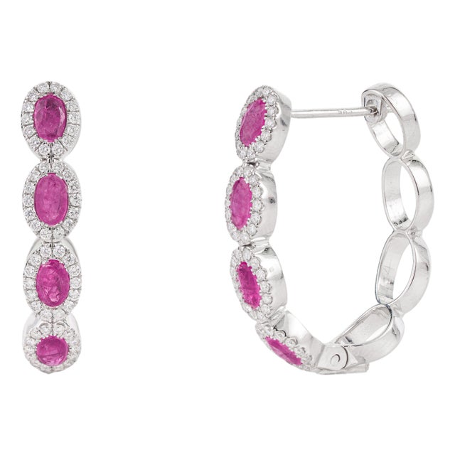 Contemporary 14k Gold Natural 2.02ct Ruby & Diamond Halo Hoop Earrings- 2 Pieces For Sale