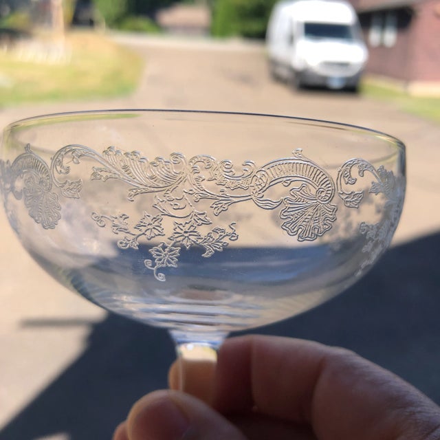 Vintage Set of 4 floral and Lacey designed etched champagne glasses 3.75"D X 4.5"H , No makers mark , excellent!