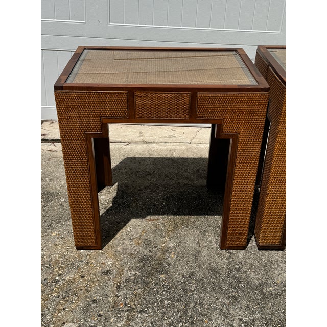 Brown MCM Harrison Van Horn Style Woven Rattan Parsons Side Tables - A Pair For Sale - Image 8 of 12
