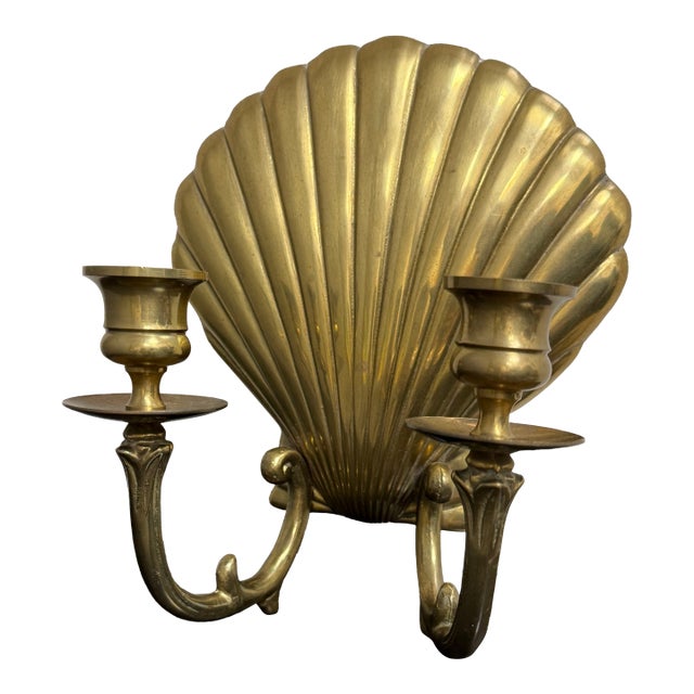 Mid-Century Hollywood Regency Brass Scallop Shell Double Candle Holder Wall Sconce For Sale