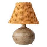 20th Century Modern French Studio Pottery Stoneware Table Lamp with Rattan Shade, 1950s For Sale