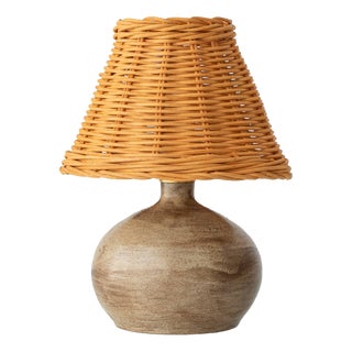 20th Century Modern French Studio Pottery Stoneware Table Lamp with Rattan Shade, 1950s For Sale