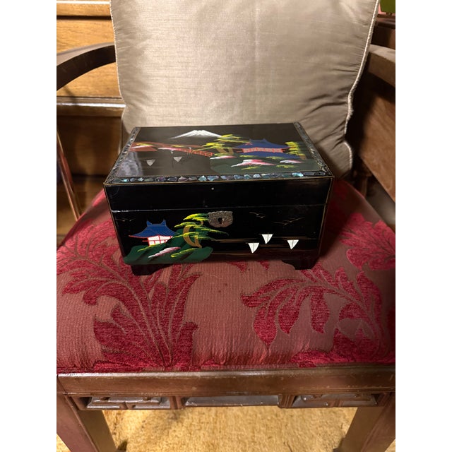 Shell Mid 20th Century Japanese Black Lacquer Mount Fuji Music Box With Inlaid Mother-of-Pearl For Sale - Image 7 of 8