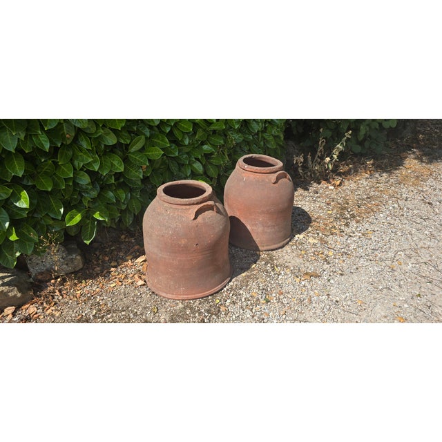 A very goood pair of large Victorian terracotta rhubarb forcers with moulded handles, in very goov overall condition. 17"...