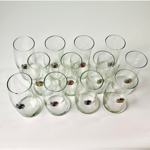 Postmodern 1980s Vintage Memphis Postmodern Bent Glass Sterling Medallion Tall Boy Tumblers - Set of 12 For Sale - Image 3 of 15