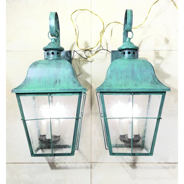 American Pair of Verdigris Finish Steel Outdoor Wall Sconces - Seeded Glass 22”x 10”x 11” For Sale - Image 3 of 14