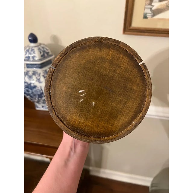Chestnut Antique English Oak Biscuit Barrel With Silver Shield Crest and Porcelain Liner For Sale - Image 8 of 11