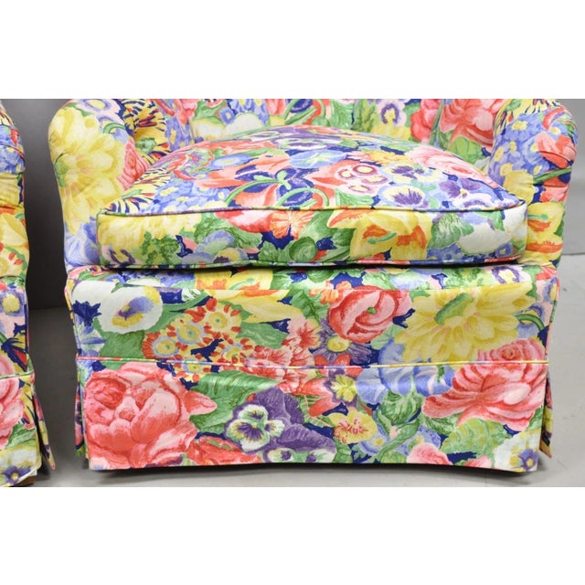 Pink Vintage English Regency Floral Chintz Tufted Rolled Arm Club Lounge Chair - Pair For Sale - Image 8 of 12