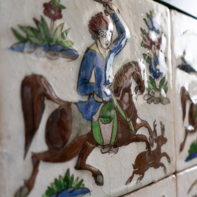 Set of Six Antique Persian Qajar Tiles Depicting Hunters on Horseback, 19th Century For Sale - Image 12 of 14