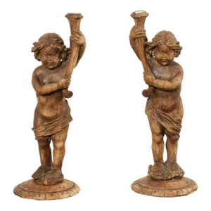 Italian Putti Carved Candlesticks, 19th Century - A Pair