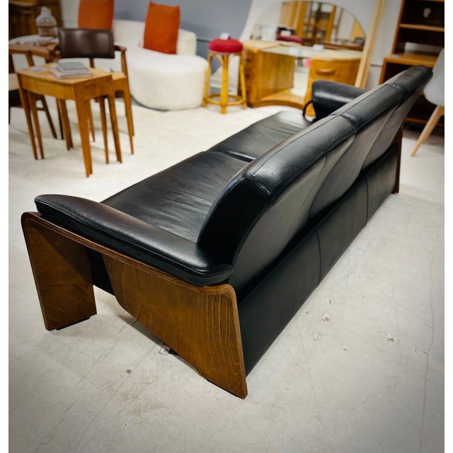 Ekornes Authentic Black Leather Norwegian "Pegasus" Couch With Walnut Frame/Legs