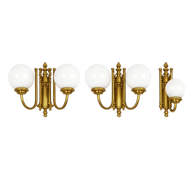 Metal Vintage Brass Wall Lights with Frosted Glass Globes, 1960s, Set of 3 For Sale - Image 7 of 7