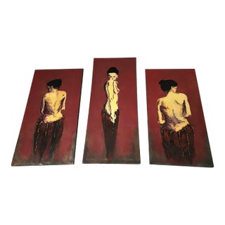 Art Deco Figurative Nude Lady Oil Painting Set 3 For Sale