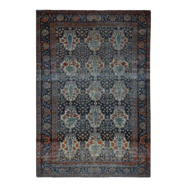 1920 Midnight Blue Antique Persian Isphahan Garden Design Pure Wool Hand Knotted Rug For Sale