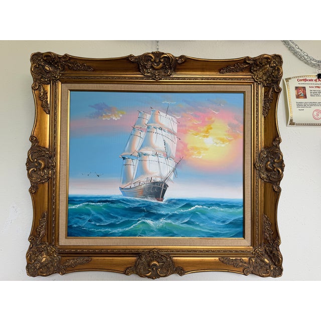 Original Marine Oil Painting Tall Ship on Open Sea Nautical Seascape Gold Frame For Sale - Image 4 of 11