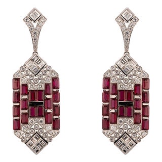 Late 20th Century Pair of Platinum Ruby & Diamond Earrings For Sale