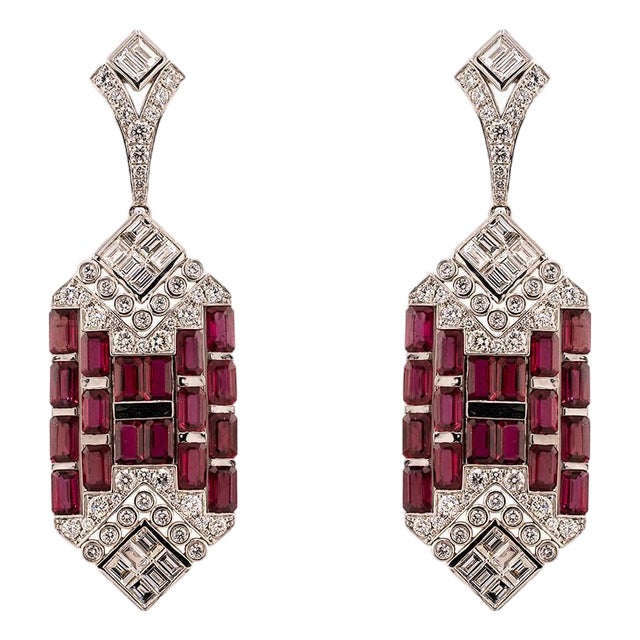 Late 20th Century Pair of Platinum Ruby & Diamond Earrings For Sale