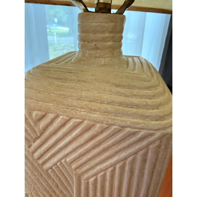 Cream 1980s Postmodern Dynasty Gallery Geometric Plaster Monumental Table Lamp With Original Shade & 3-Way Switch For Sale - Image 8 of 12