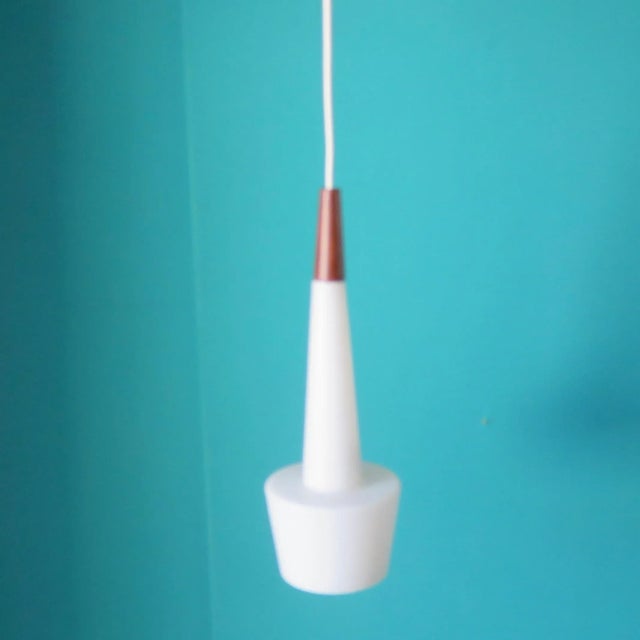 Opaline Glass and Teak Pendant Lamps from Horn Collection, 1950s, Set of 2 For Sale - Image 7 of 7