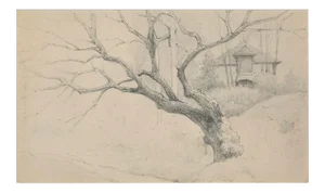 Tree and House - Charcoal by E.-L. Minet - Early 1900 Early 20th Century
