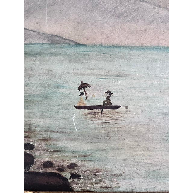 Antique American Folk Art Mountain Lake Landscape Oil Painting on Artist’s Board, C. 1900 For Sale - Image 9 of 12