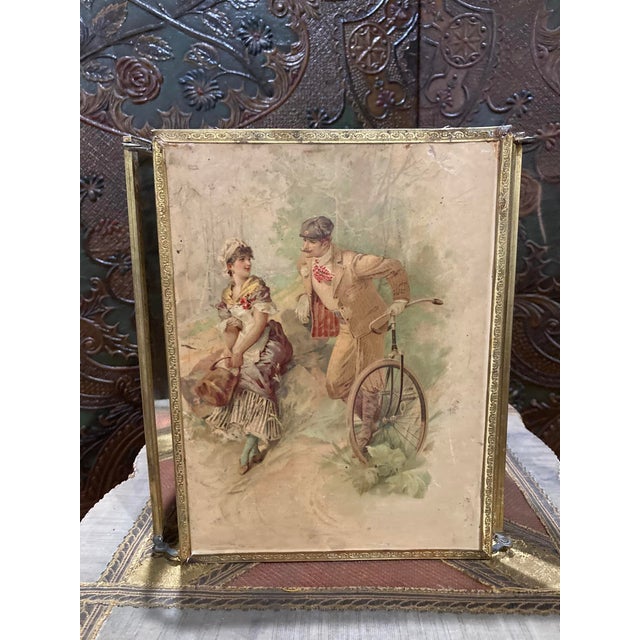 Glass Antique Triptych Standing Mirror in Chiseled Brass — Three-Panel, Circa 1900 For Sale - Image 7 of 17