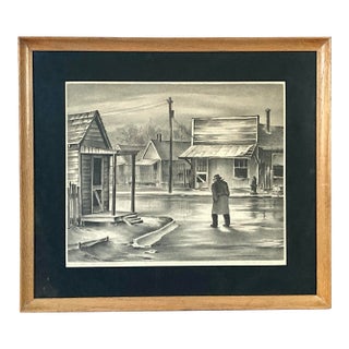 1930s Charles T. Bowling's "Rainy Day" Lithograph, Texas Regionalist Vintage Print For Sale