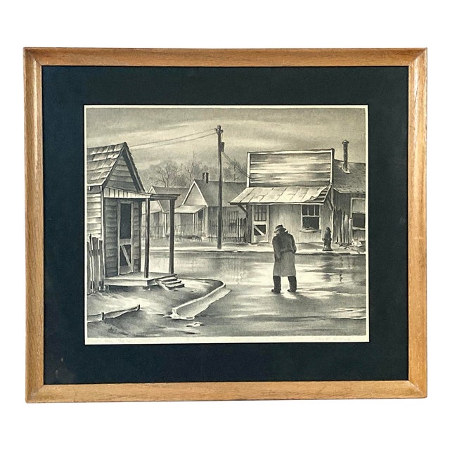 1930s Charles T. Bowling's "Rainy Day" Lithograph, Texas Regionalist Vintage Print For Sale