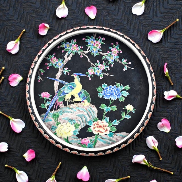 Japanese Nippon-Style Moriage 11-Inch Black-Ground Bowl With Birds and Peonies For Sale - Image 3 of 17
