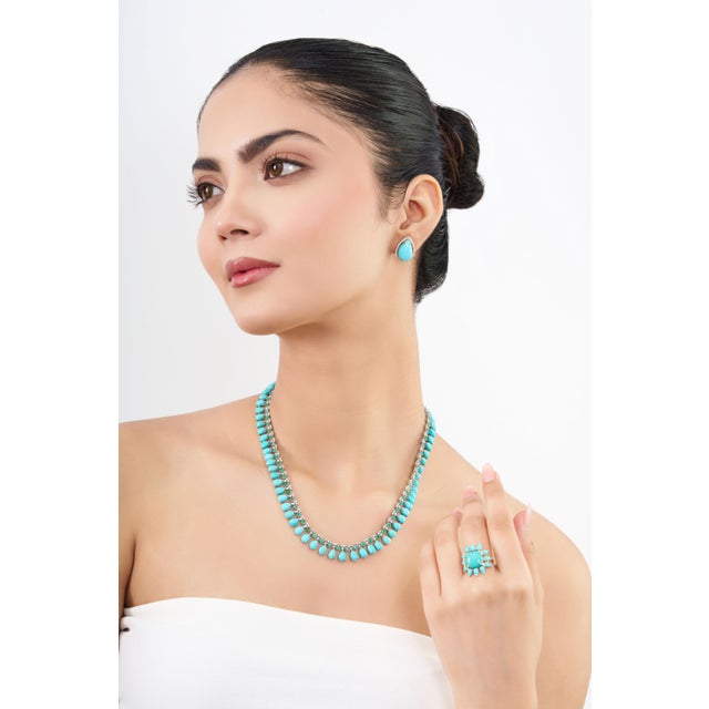 Contemporary 47.9ct Turquoise, Emerald & 2.1ct Diamond 14k White Gold Wedding Necklace For Sale - Image 11 of 17