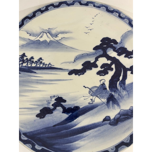 Early 20th Century Large 14.5" Blue and White Japanese Charger Mt Fuji For Sale - Image 10 of 17