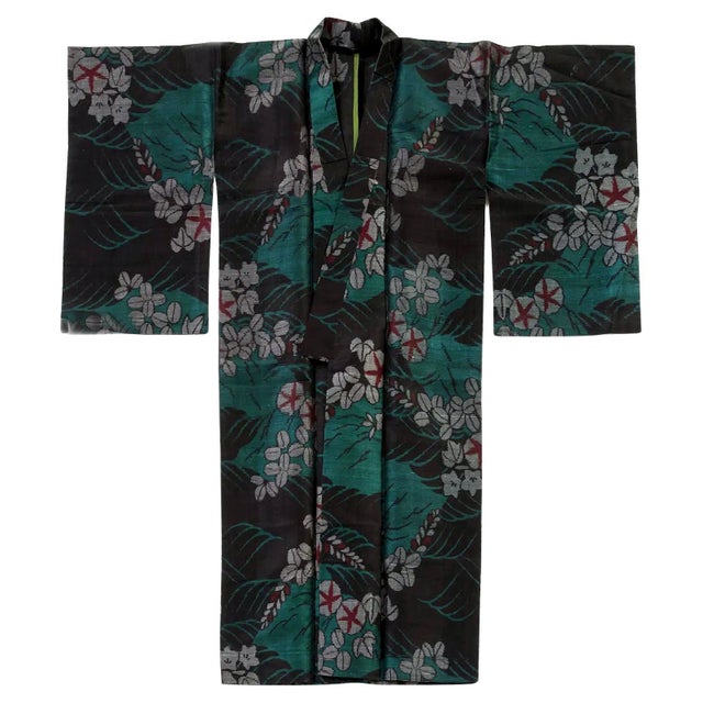 Green Mid 20th Century Exceptional Japanese Summer Asa Hitoe Weft Ikat Kimono Provenance For Sale - Image 8 of 11