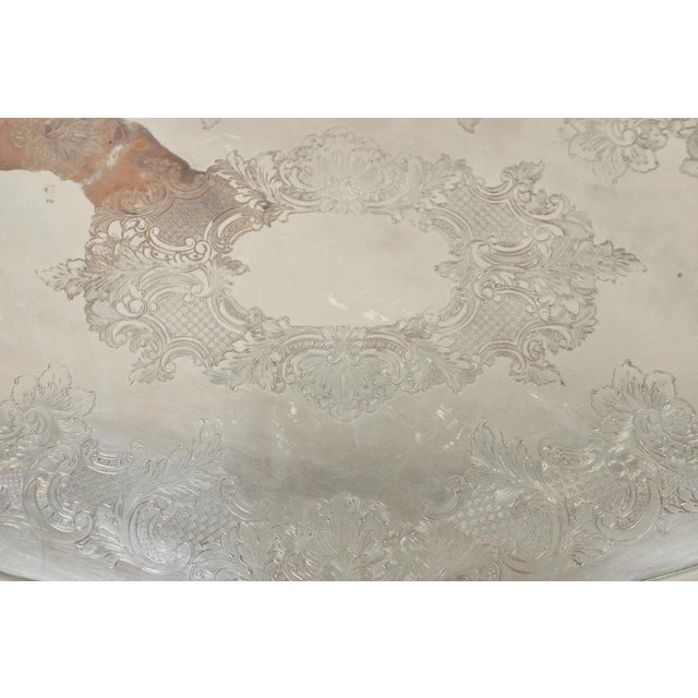 Early 20th Century Antique English Victorian Silver Plated Ornate Oval Serving Platter Bar Tray For Sale - Image 5 of 11