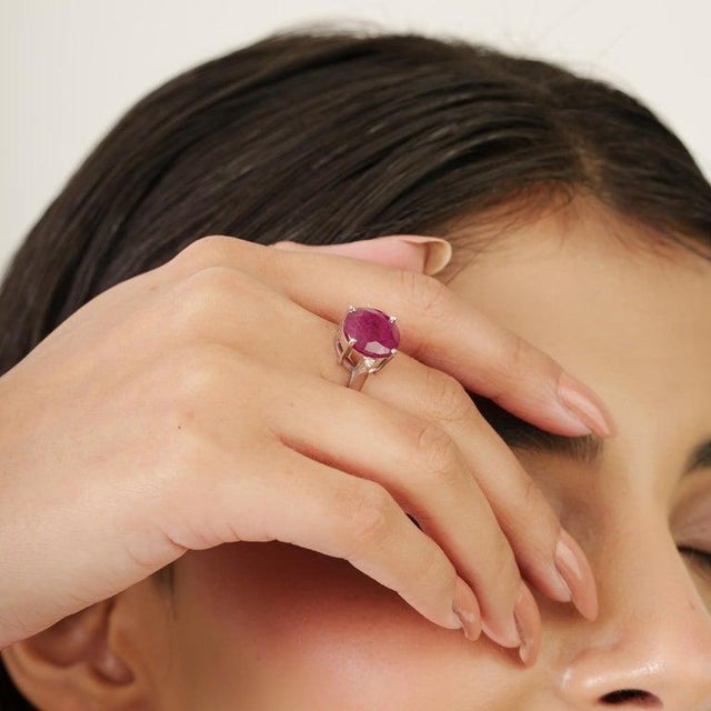 Ruby Solitaire Ring With Diamond in 925 Sterling Silver - Size 8 For Sale - Image 4 of 12