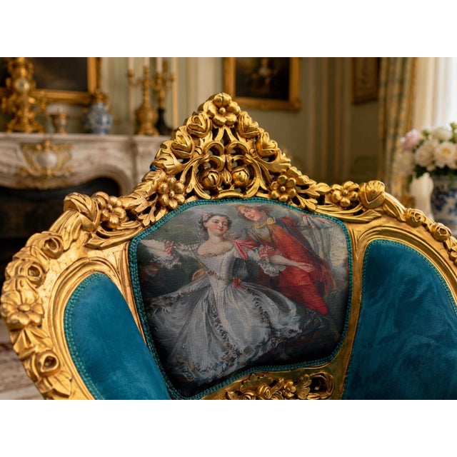1900s French Louis XVI Blue/Green/Teal Velvet Sofa Set-5 Pc For Sale - Image 10 of 18