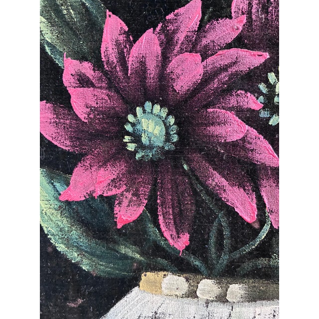Wood Vintage Original Velvet Flower Oil Painting, Red Flower Still Life Art For Sale - Image 7 of 12