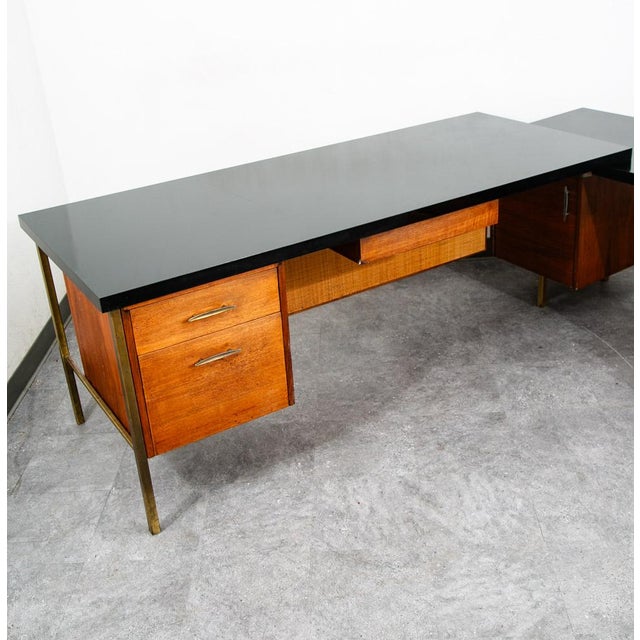 Mid Century Modern Desk Executive L Shaped Cane Walnut Large Black File Drawers For Sale In Sacramento - Image 6 of 12