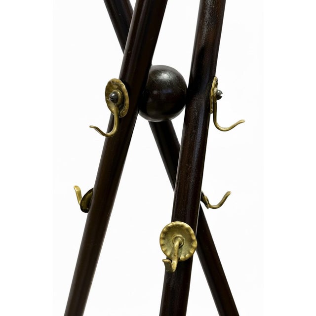 Vintage Mahogany Wood Coat & Hat Rack With Brass Hooks For Sale - Image 4 of 10