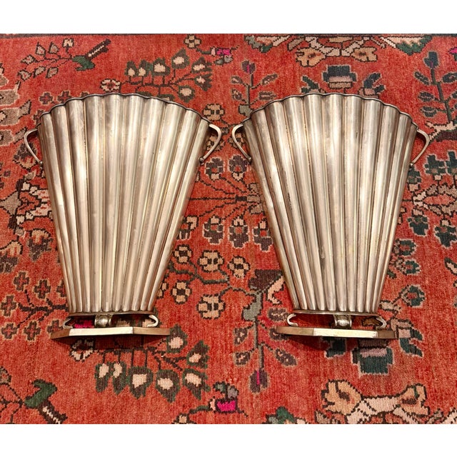 A striking, highly structural pair of vintage Art Deco style fan-form, scalloped wall pockets (or free-standing...