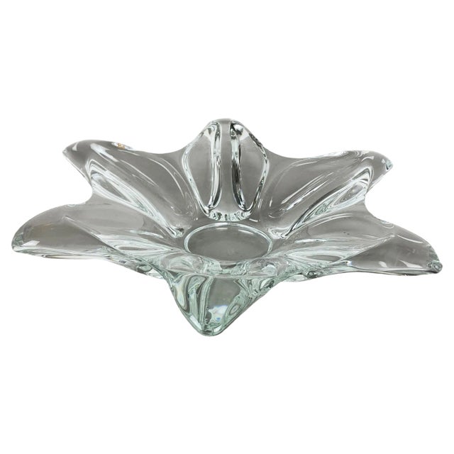 Large French Floral Crystal Glass Shell Bowl by Vannes Art, 1970s For Sale