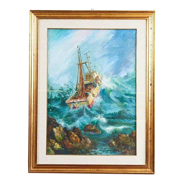 Unknown, Fishing in Rough Seas, 2000s, Oil on Canvas, Framed For Sale