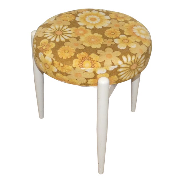 Round Stool with Removable Flower Power Upholstered Seat, 1970s For Sale