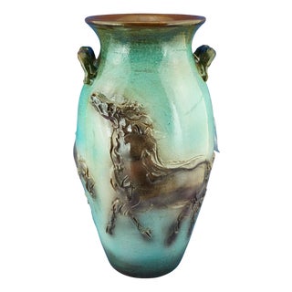 Large Futuristic Modern Majolica Vase with Horses Relief by Umberto Ghersi, Albisola, Italy, 1950s For Sale