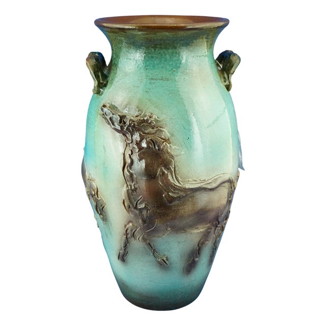 Large Futuristic Modern Majolica Vase with Horses Relief by Umberto Ghersi, Albisola, Italy, 1950s For Sale
