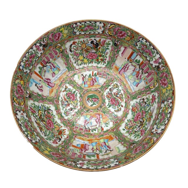 Chinese Export Porcelain Rose Medallion Large Punch Bowl For Sale - Image 4 of 11