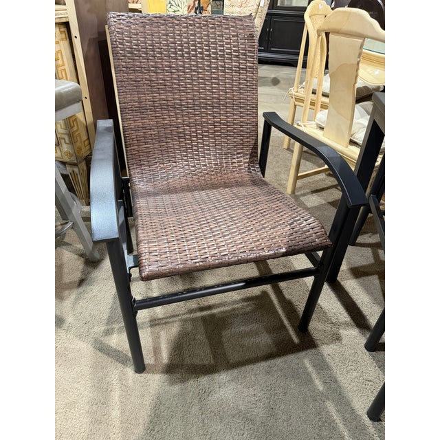 Woodgrain Tile Top Patio Table Dining Set - Six Chairs For Sale - Image 4 of 7