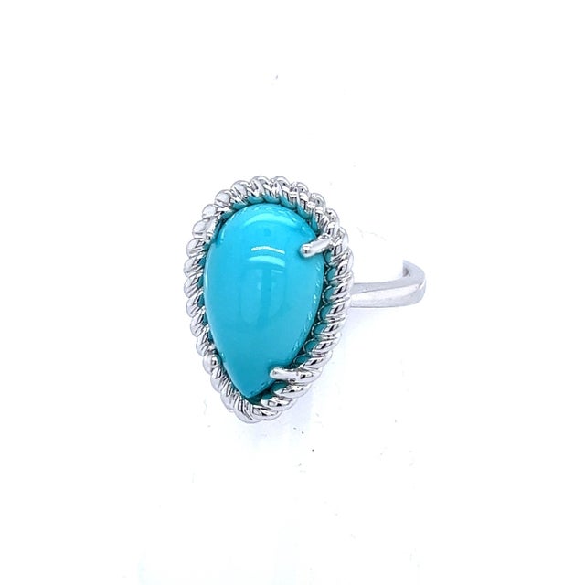 Natural Persian Turquoise Ring Size 6 14k White Gold 6.21 TCW Certified For Sale In New York - Image 6 of 13