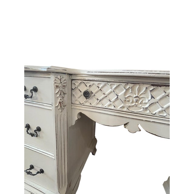 Late 20th Century White Distressed French Country Gustavian Style Vanity & Matching Scroll Mirror For Sale - Image 5 of 11
