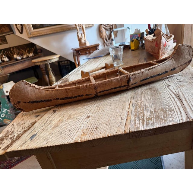 Native American Vintage American Indian Canoe Toy Model Made of Birch Bark From the Northern Woodland Areas of the Eastern United States. For Sale - Image 3 of 10