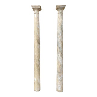 Vintage Reclaimed Salvage Wooden Faux Marble Painted Column Pair For Sale